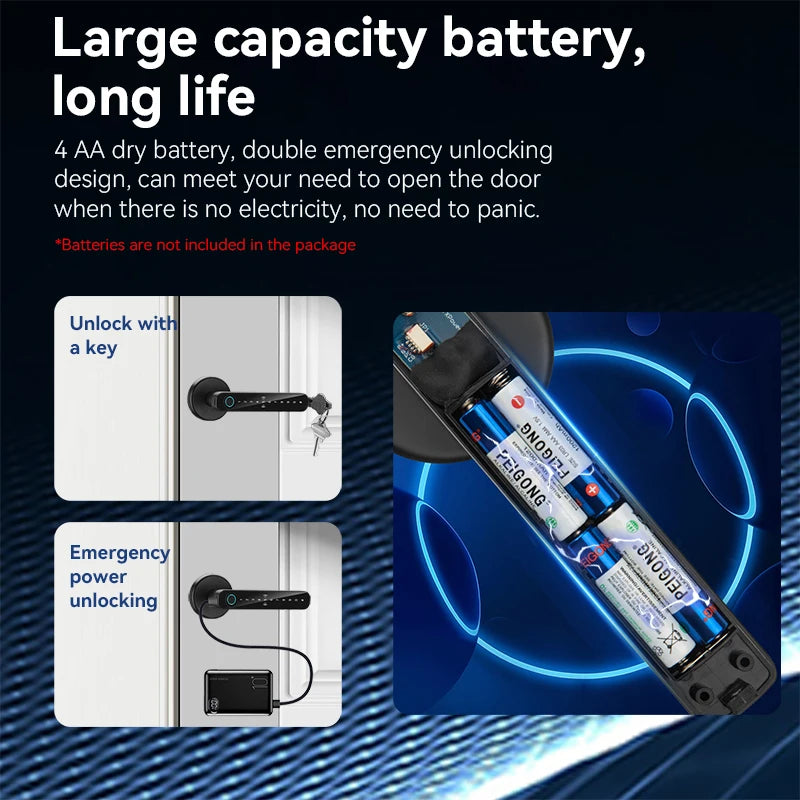 XSDTS Smart Door Lock Electronic Biometric Fingerprint Smart Card Password Key Unlock USB Tuya APP Emergency Charge lock