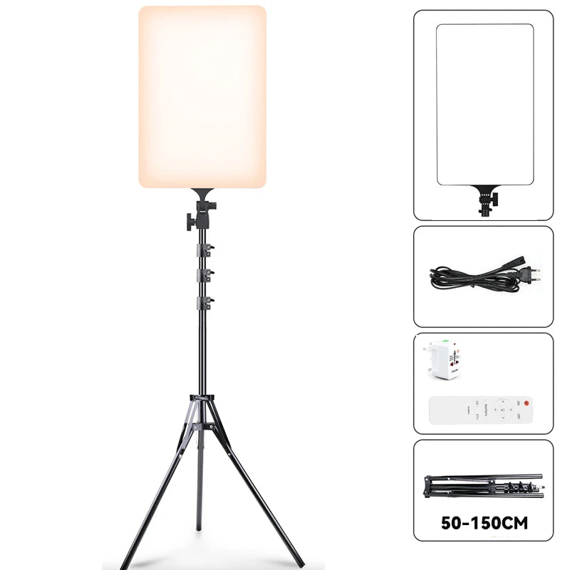 Rectangular LED soft panel light on an adjustable 50-150cm tripod stand, with power cable, remote, and plug adapter.