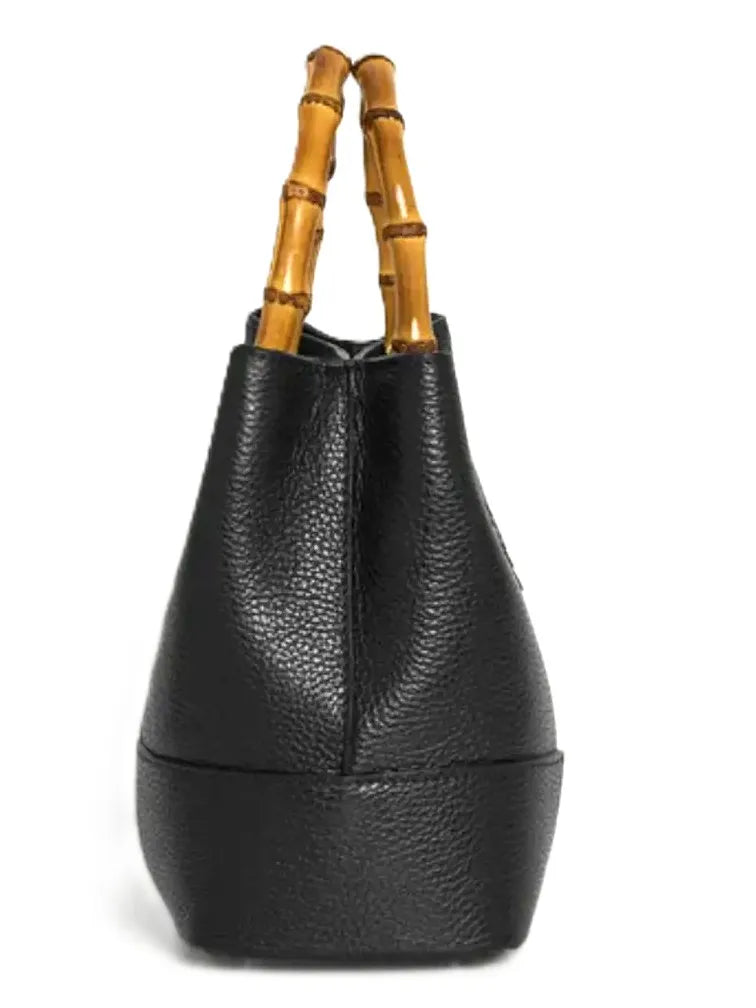 Royaa designer black genuine pebble leather tote handbag with vintage bamboo top handles.
