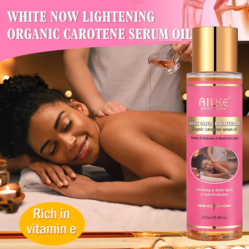 AILKE White Now Lightening Organic Carotene Serum Oil in a 250ml gold-capped bottle for dark spots and skin radiance.