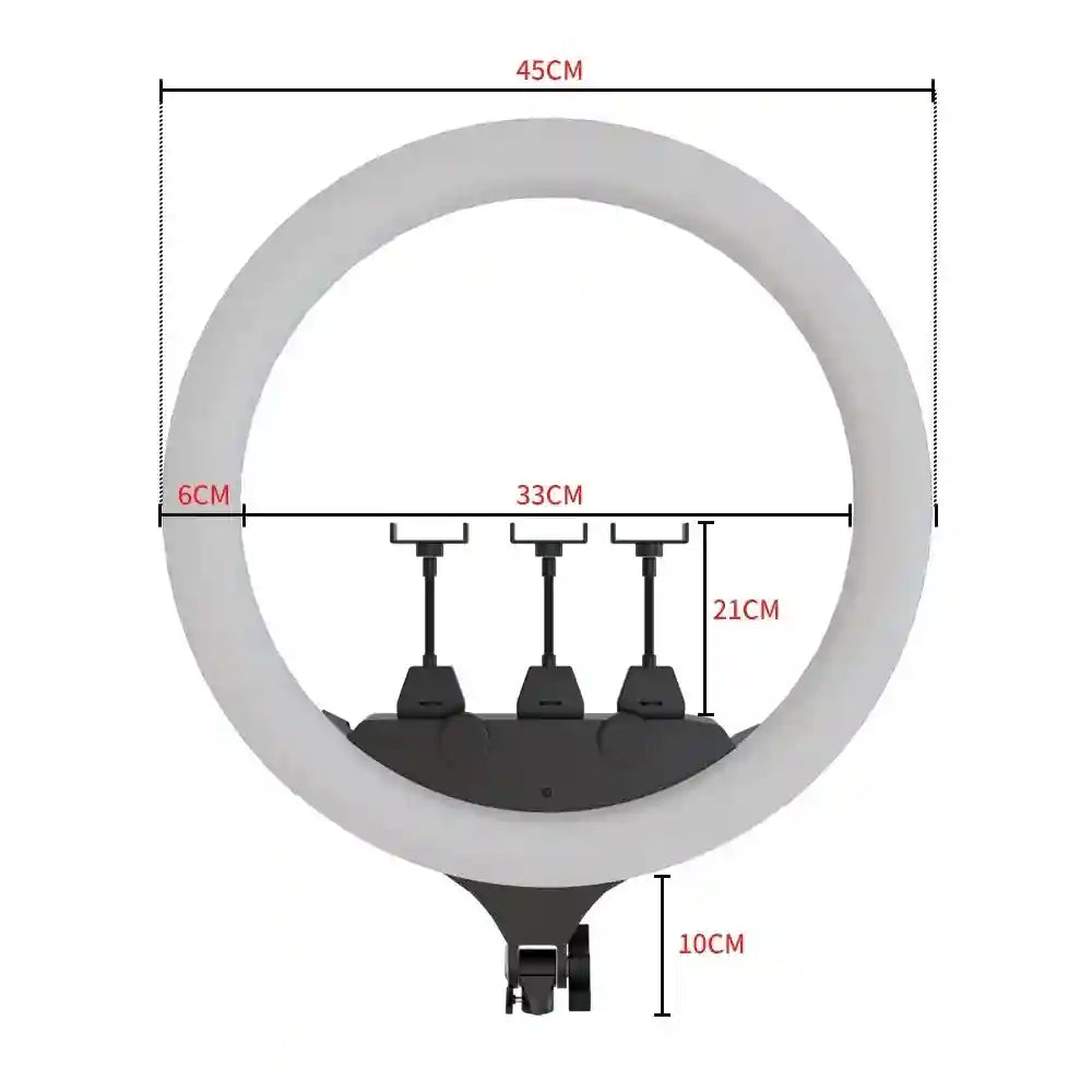 45cm white circular ring light with three phone mounts for studio photography and video streaming.