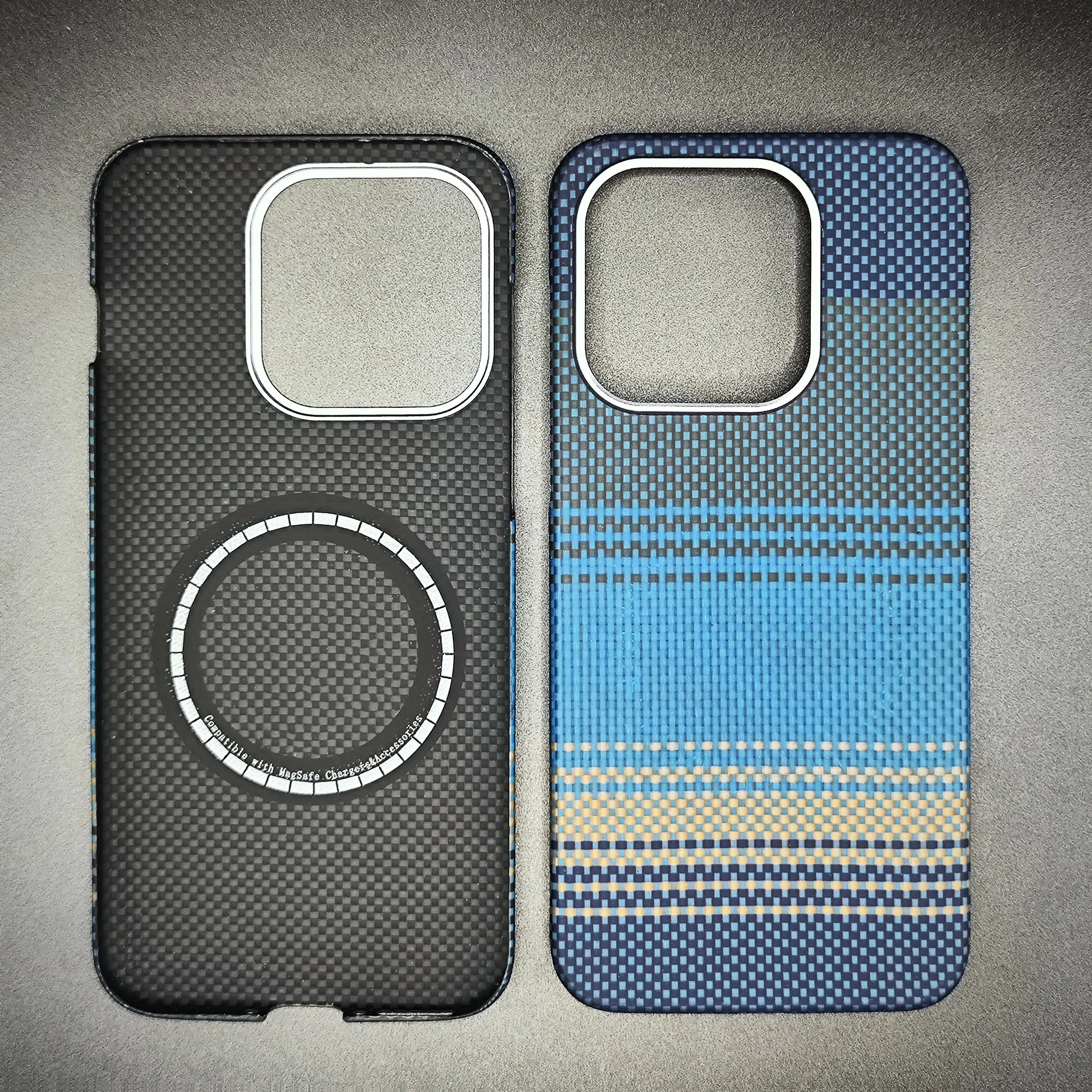 Two phone cases with large square camera cutouts. One is black carbon fiber, the other blue with a woven pattern.