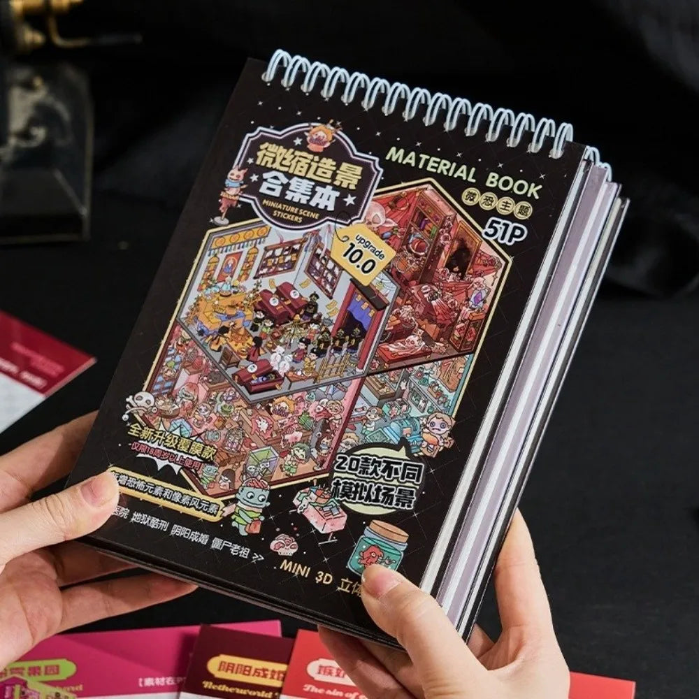 Horror-themed PET miniature scene sticker book with 51 sheets for creative DIY craft projects and cartoon town play.