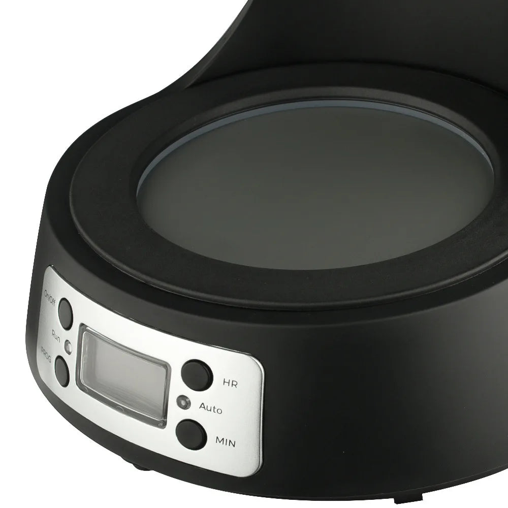 Matte black digital coffee maker base with silver control panel, LCD display, and programmable buttons.