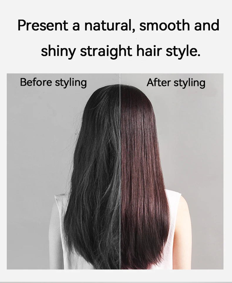 Before and after comparison of hair straightened using a 2-in-1 negative ion hair dryer and flat iron combo.