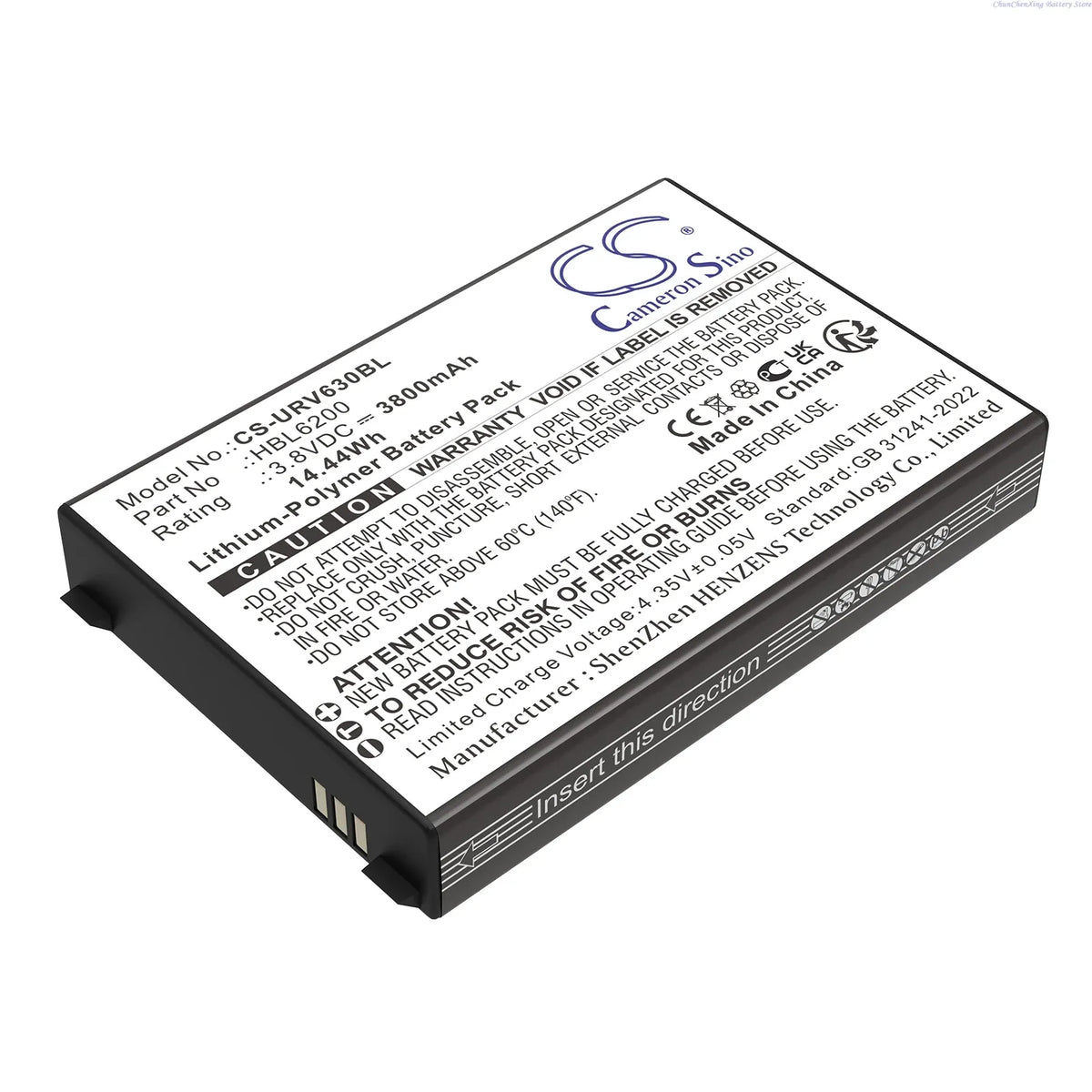 Dark battery pack back label with Cameron Sino logo and warranty notice text