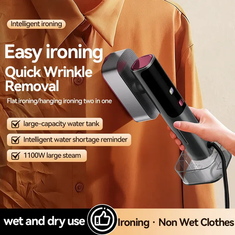 Garment steamer iron removes wrinkles on an orange shirt, offering wet and dry use for fast garment care.