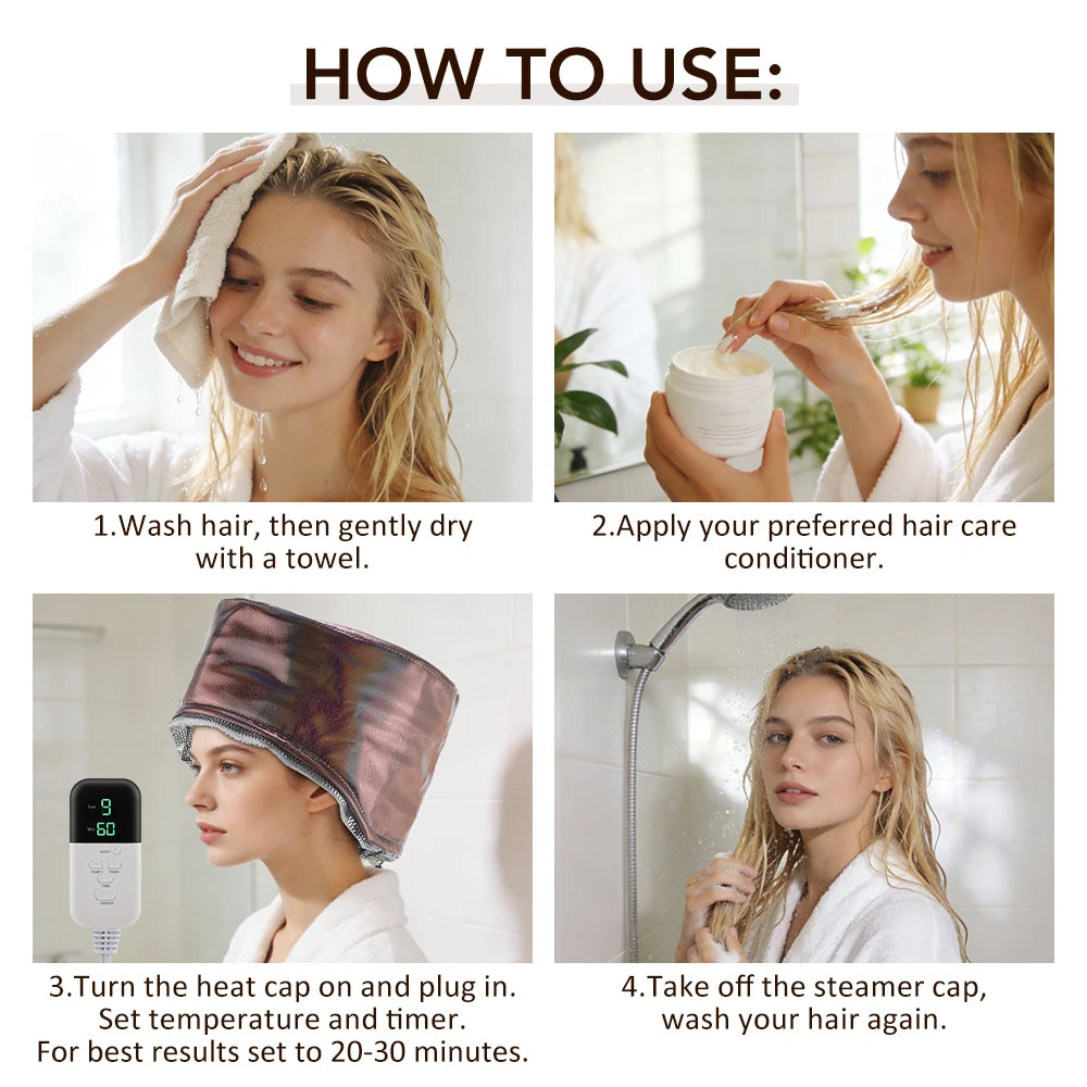 Electric metallic brown hair steamer cap for deep conditioning, featuring digital timer control for home spa hair care.