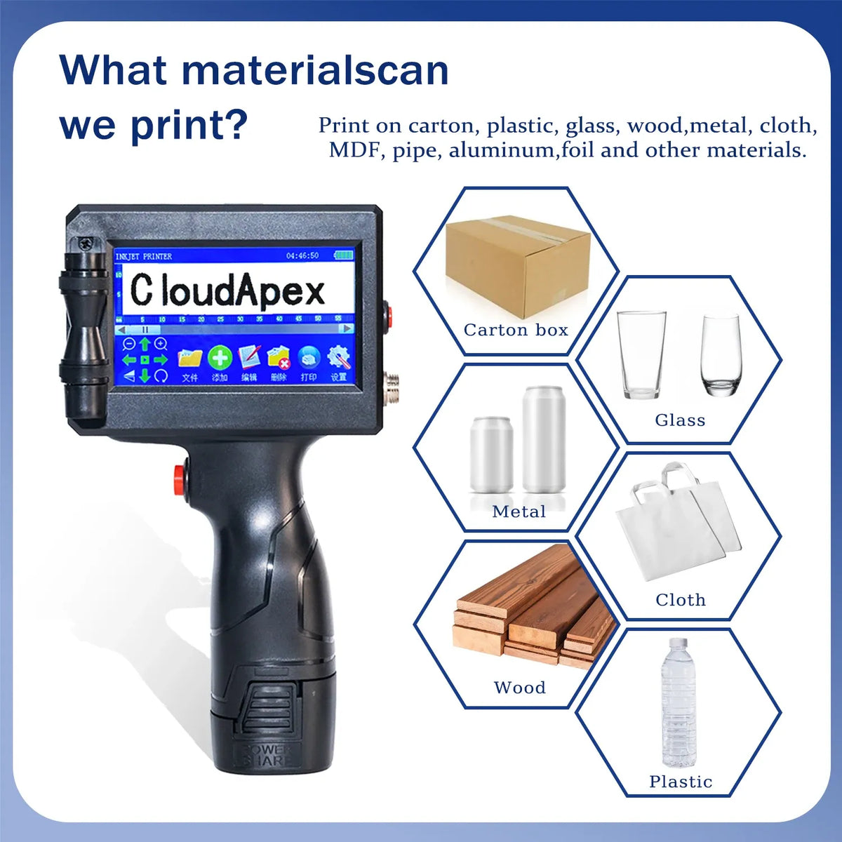 Handheld inkjet printer next to materials list: carton, glass, metal, wood, plastic, cloth