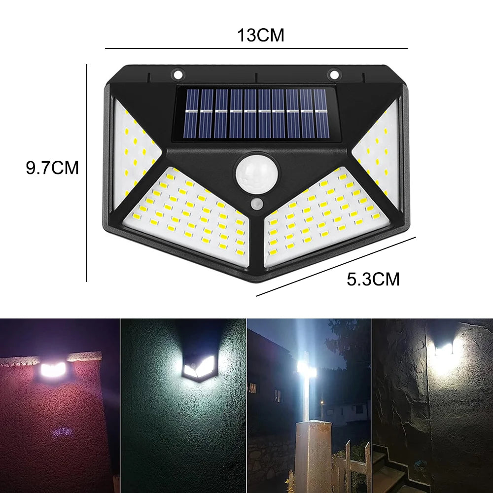 Solar Wall Lamp Outdoor Solar 100 LED Light 4 Sided Luminous Motion Sensor Waterproof Sunlight Garden Courtyard Decor Lighting