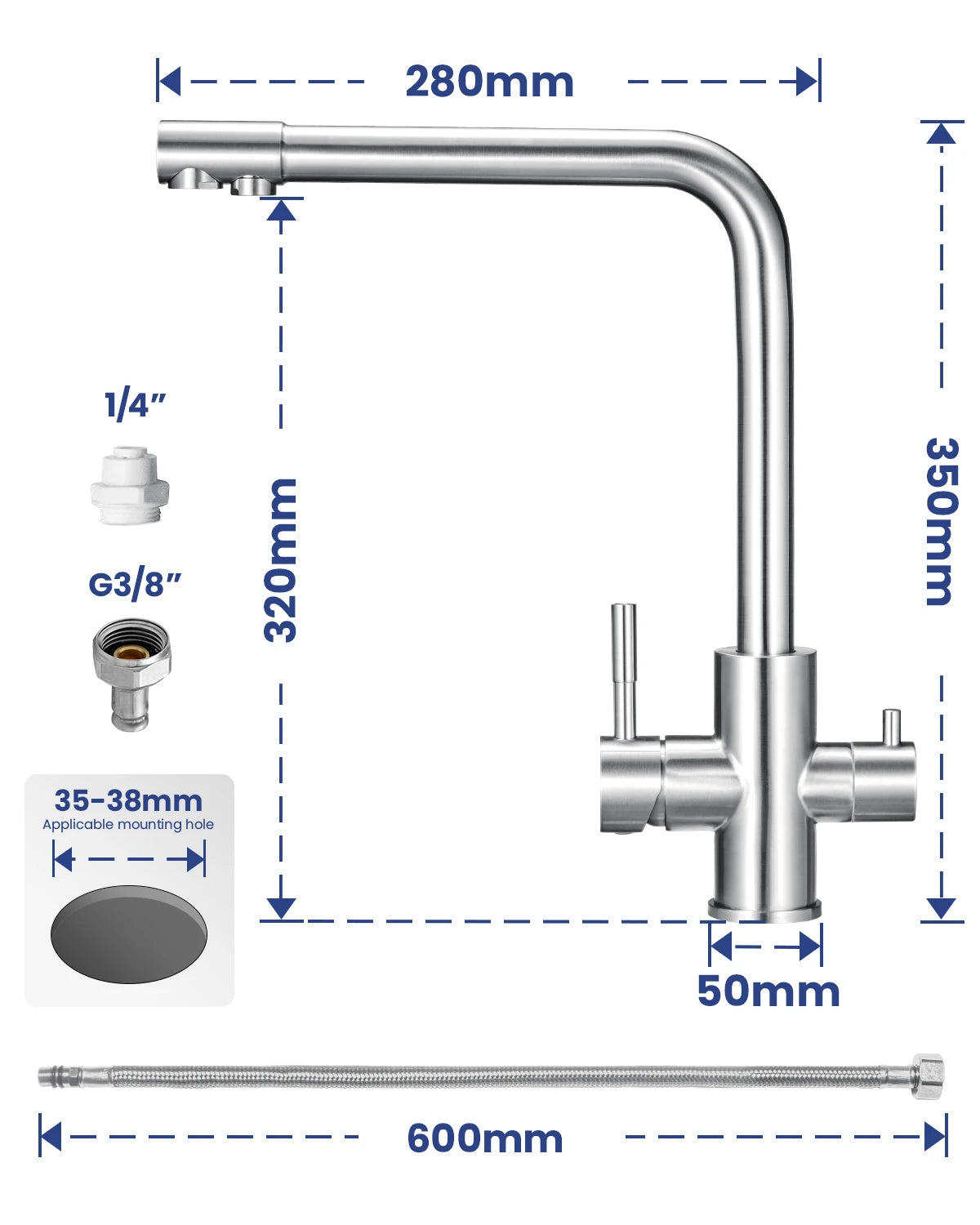 3-way kitchen faucet with 2 handles-Kitchen mixer with hot and cold water and purified water-360° swivel sink faucet-Brushed stainless steel