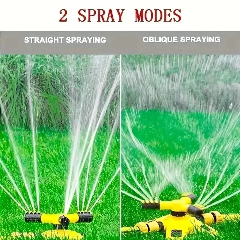 Yellow rotating sprinkler spraying two directions across grass, showing straight and angled spray