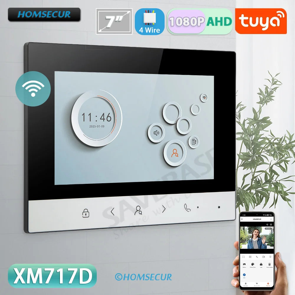 7-inch white and black wall-mounted smart video intercom monitor with touchscreen interface and Tuya app integration.