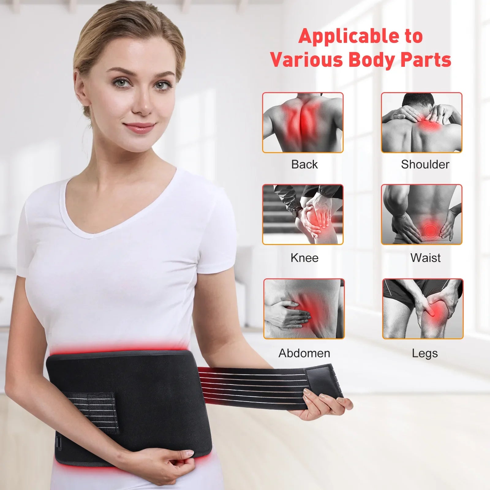 Woman using black LED red light therapy belt for back, waist, knee, and joint pain relief and body slimming.
