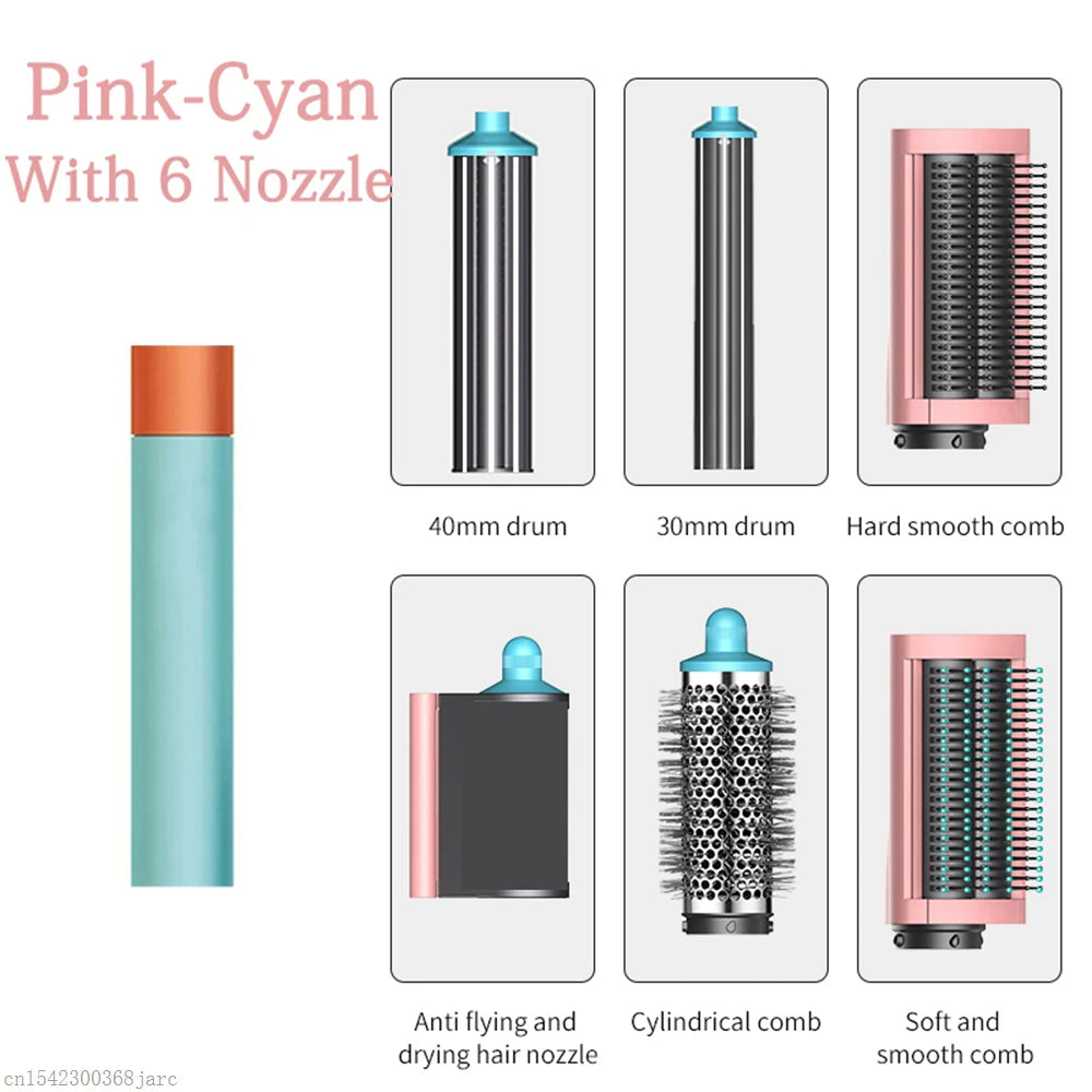 SenCiciMen X9 pink-cyan 6-in-1 hot air styler with curling barrels, smoothing combs, and hair dryer nozzle attachment.