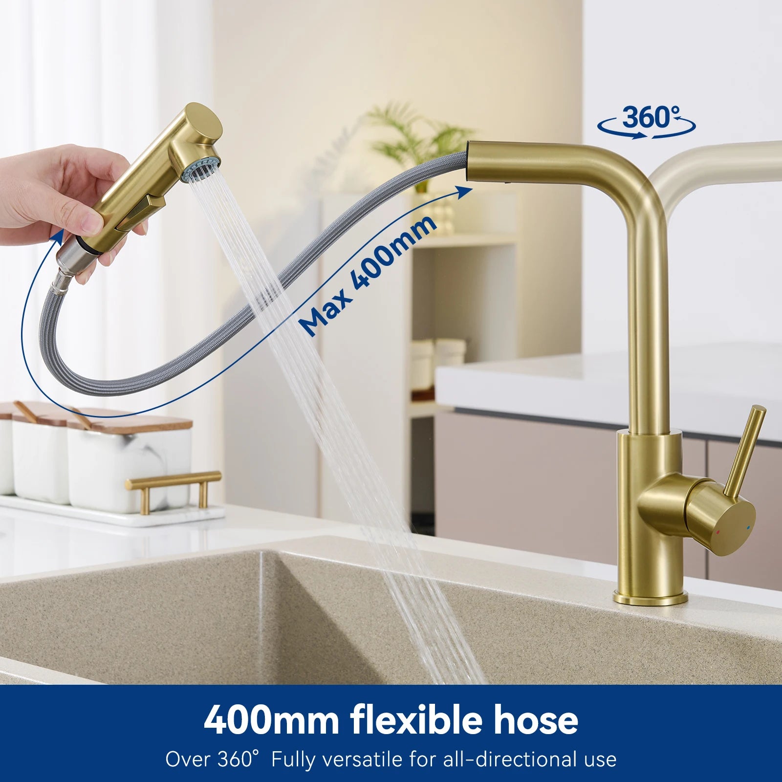 Kitchen faucet with pull-out shower, 2 jets, 360° swiveling pull-out shower, brushed kitchen mixer