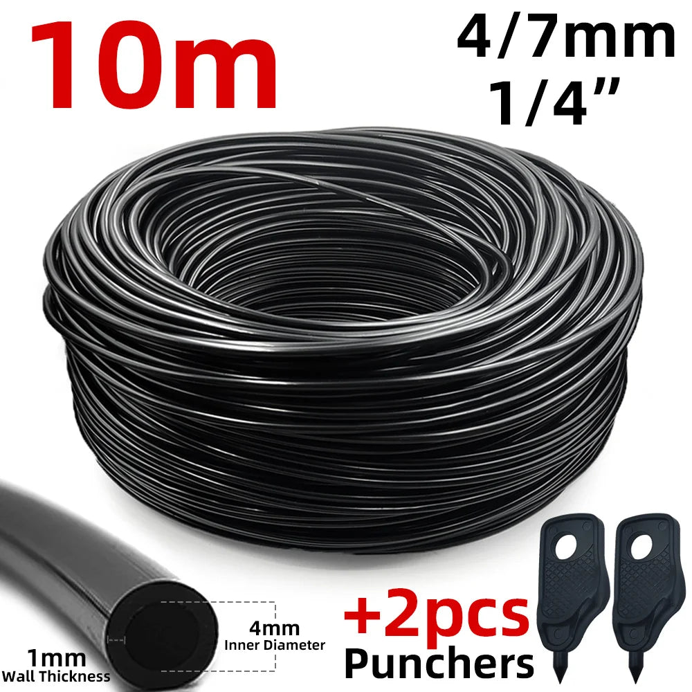 10m black 4/7mm 1/4-inch PVC hose coil with two black hole punchers
