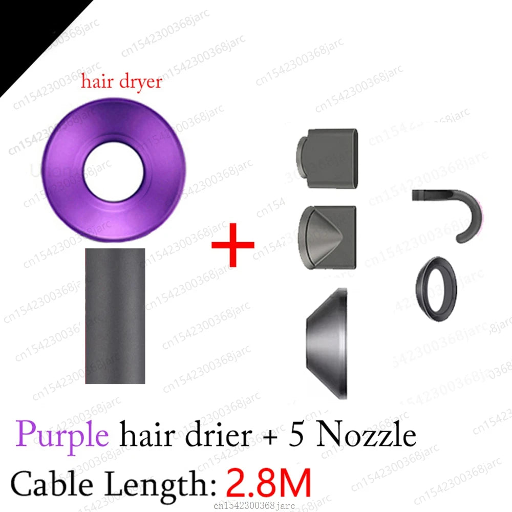 Purple SenCiciMen negative ion hair dryer with 5 professional styling nozzles and 2.8m long cord for salon-grade care.