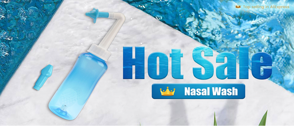 Blue nasal wash bottle and irrigator for sinus relief on white marble surface with water background.