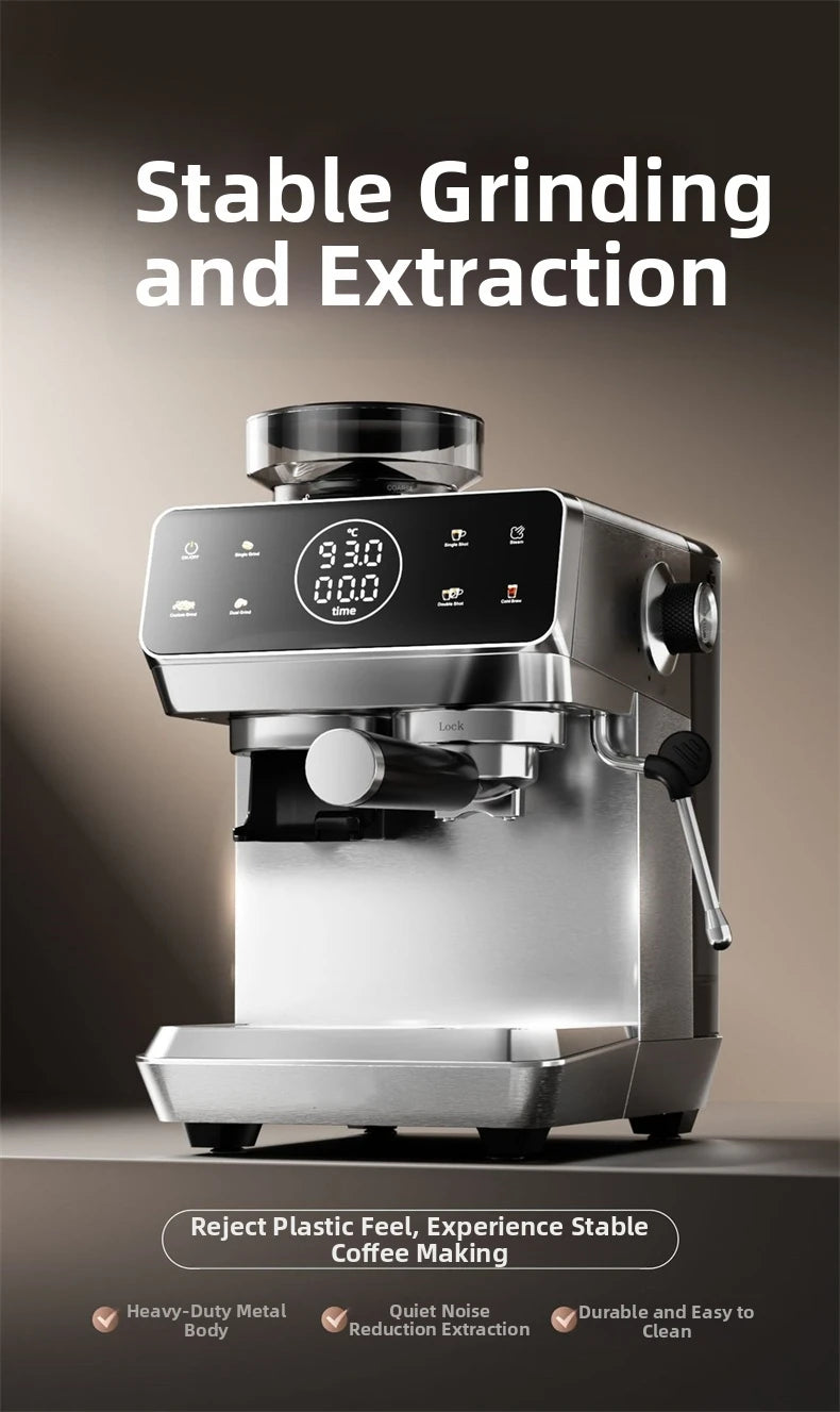 Silver metal espresso machine with integrated grinder, digital display, and milk frother for stable coffee extraction.