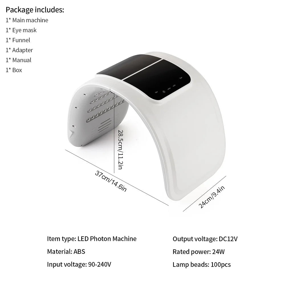 White arched LED light therapy machine with a black control panel and measurements for skin rejuvenation.