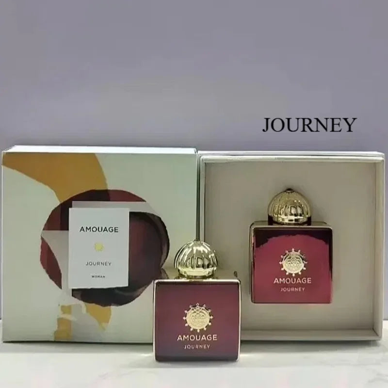 Amouage Journey Woman 100ml: Floral Oriental Chypre EDP in square burgundy bottle with gold cap and elegant gift box.