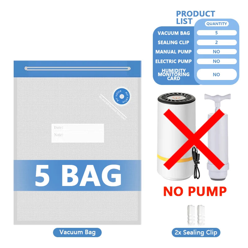 Vacuum sealing bag set for 5 bags with sealing clips (no pump included)