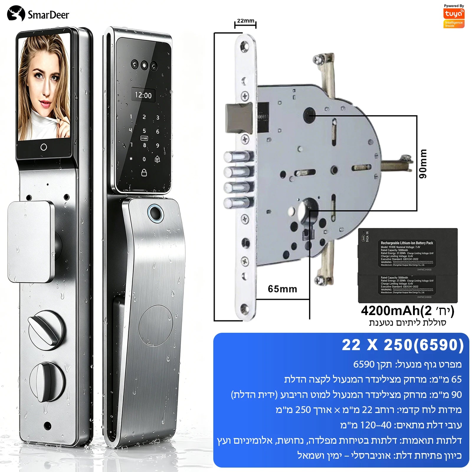 SmarDeer Israel 6590 Mortise Smart Lock for Tuya,IP66 Waterproof 3D Face & Palm Vein Recognition Lock with Hebrew,Tuya Wifi Lock