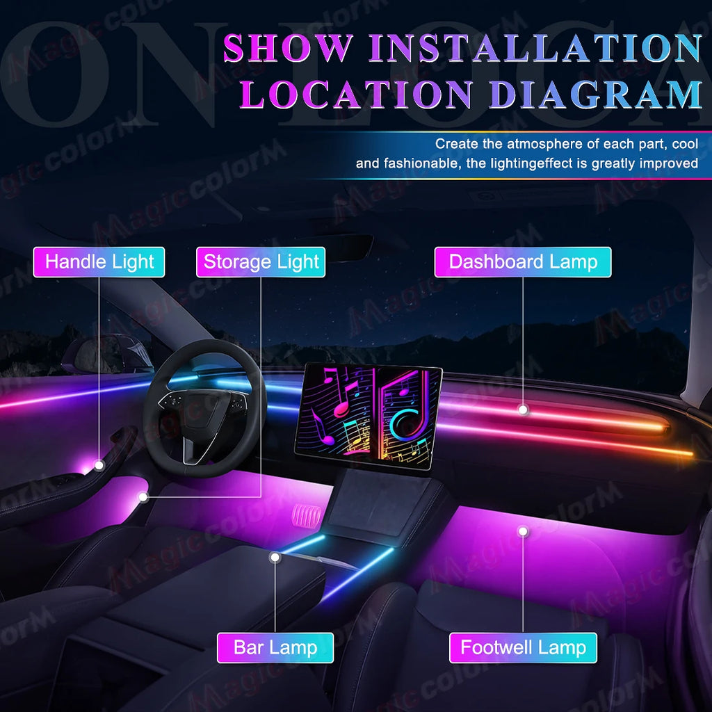 Car interior LED ambient lighting kit with dashboard, footwell, and door handle strips in various neon colors.