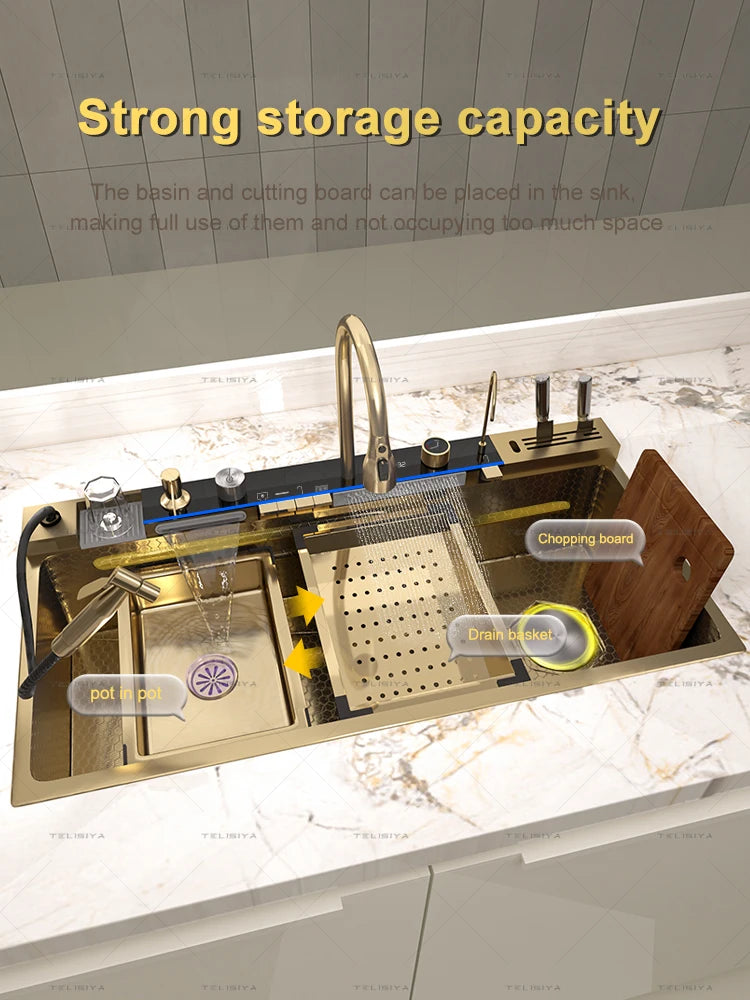 Stainless Steel Kitchen Sink Large Single Slot Multifunctional Waterfall Digital Display Faucet Wash Dish Bowl Undermount Basin