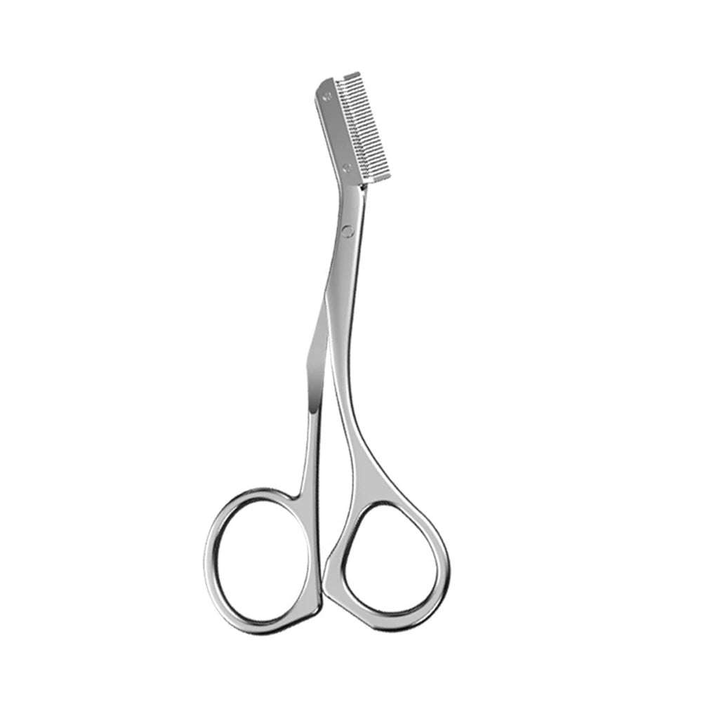 Professional stainless steel eyebrow trimmer scissors with an integrated comb for precision grooming and shaping.