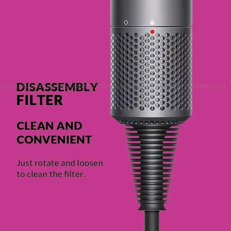 Grey hair dryer handle with easy-twist removable filter for convenient cleaning on powerful negative ion hair dryer.