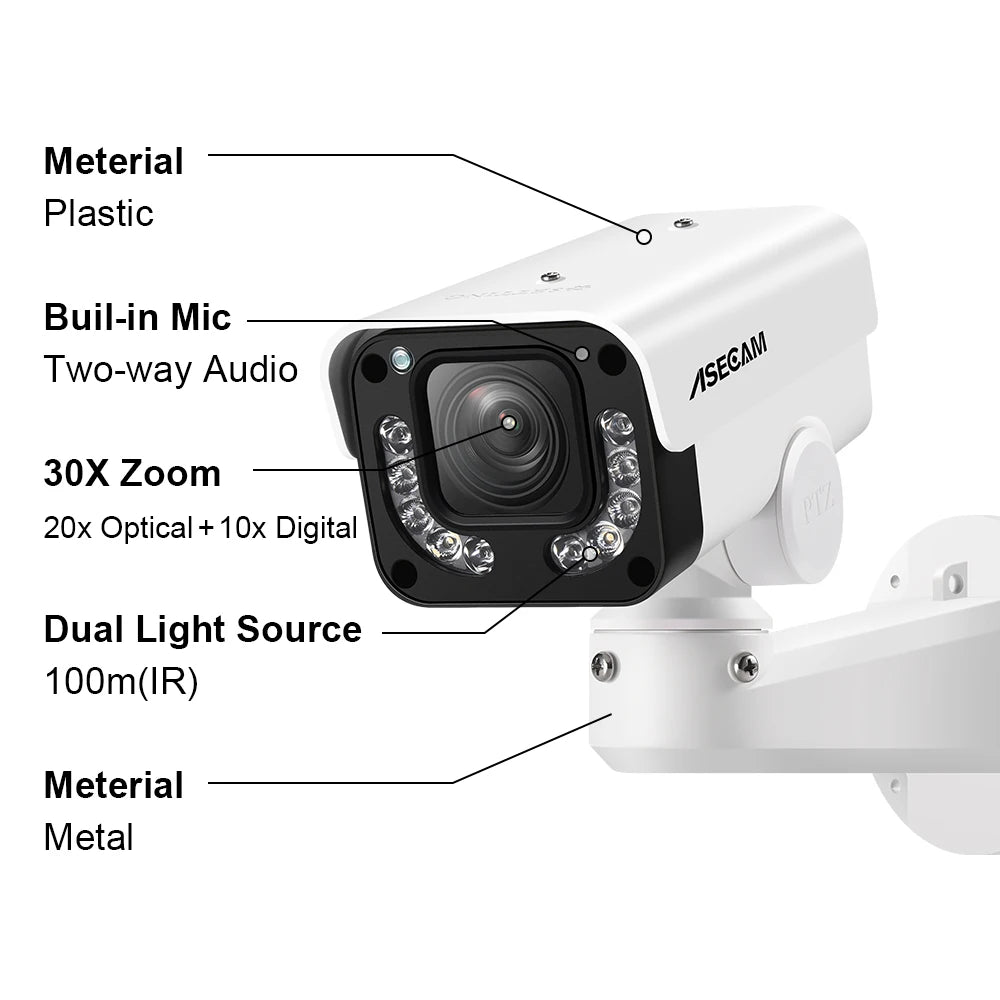 ASECAM 4K 8MP IP Camera PTZ 30X Optical Zoom AI Vehicle Detection WDR POE Security CCTV Surveillance IMX415 Hikvision Compatible
