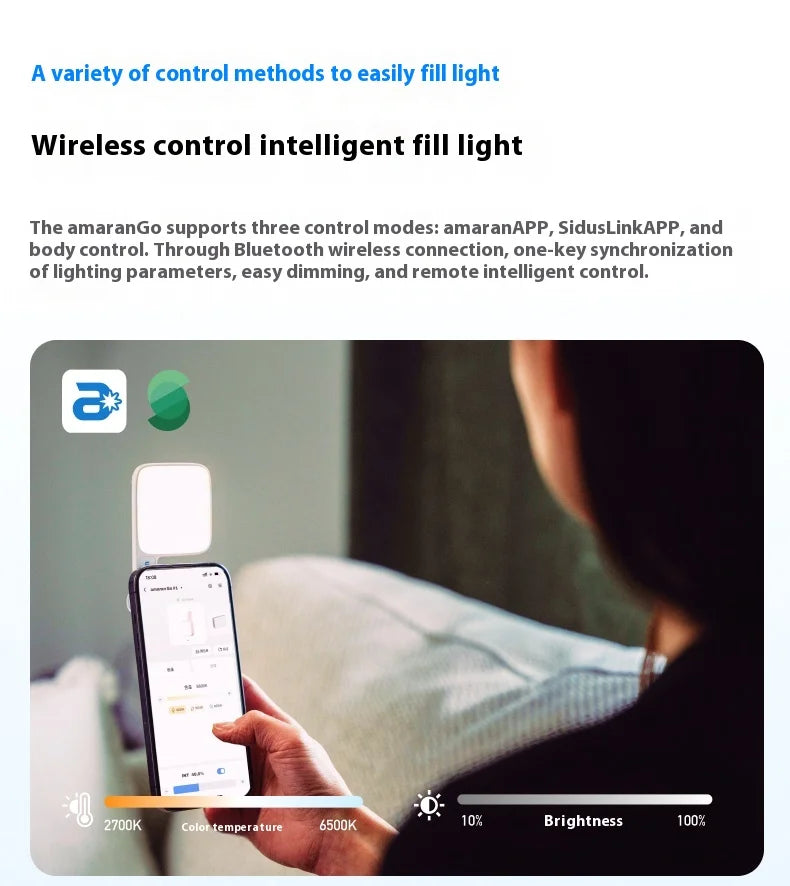 Compact square white LED fill light attached to a smartphone, controlled via an app for adjustable brightness and color.