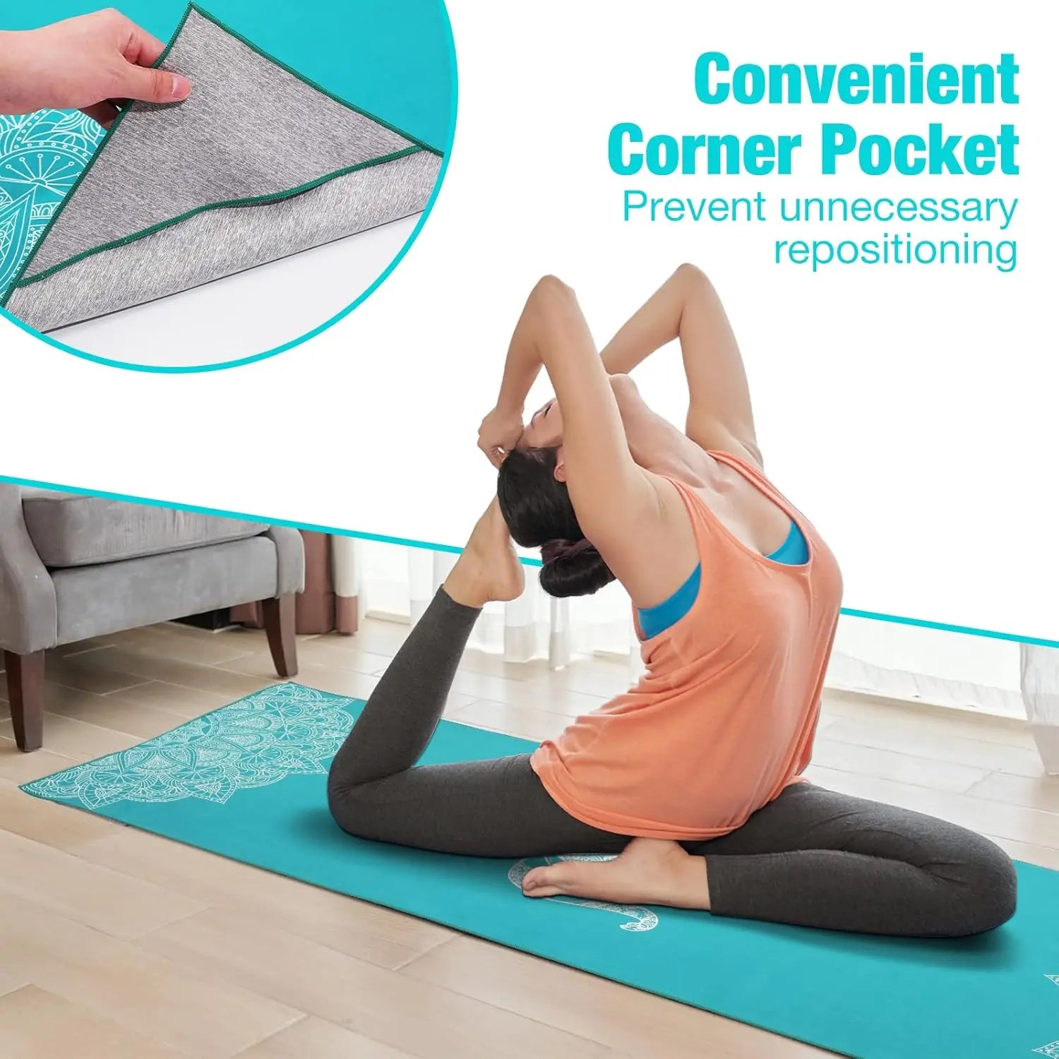 MoKo Yoga Towel Non Slip Hot Yoga Mat Yoga Blanket Printing Pattern Quick Dry with Corner Pocket for Bikram Pilates Gym Workout