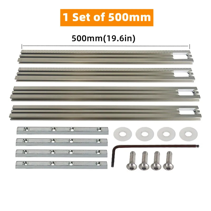 Woodworking guide rail set, 500mm length, includes gray tracks, bars, washers, screws