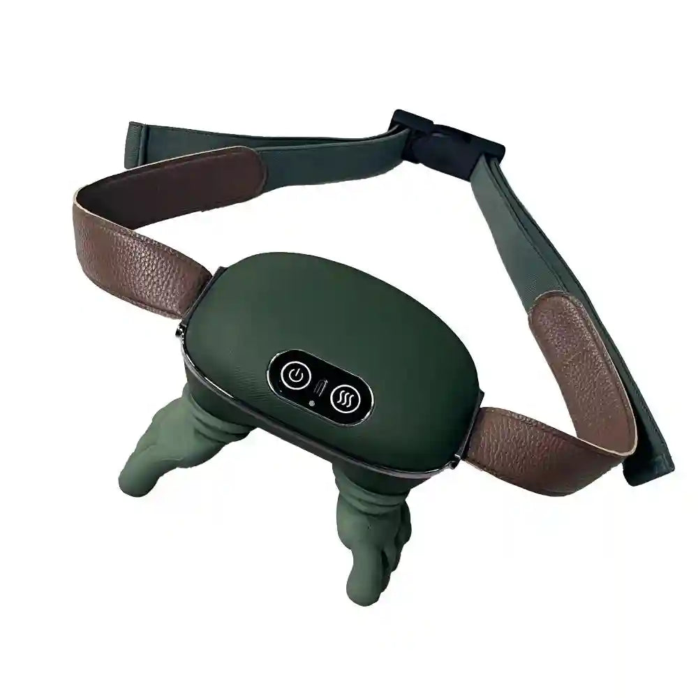 Dark green heated waist massager with adjustable brown leather strap and dual silicone massage nodes.