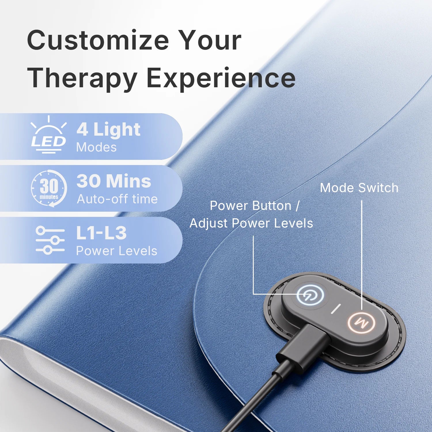 Blue red light therapy mat with a wired control panel featuring power and mode buttons and settings icons.