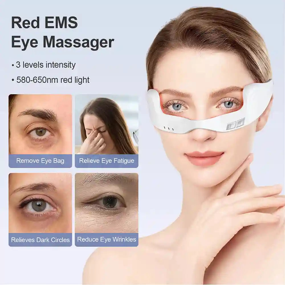 Woman wearing white electric eye massager glasses with red light therapy for eye fatigue, dark circles, and wrinkles.