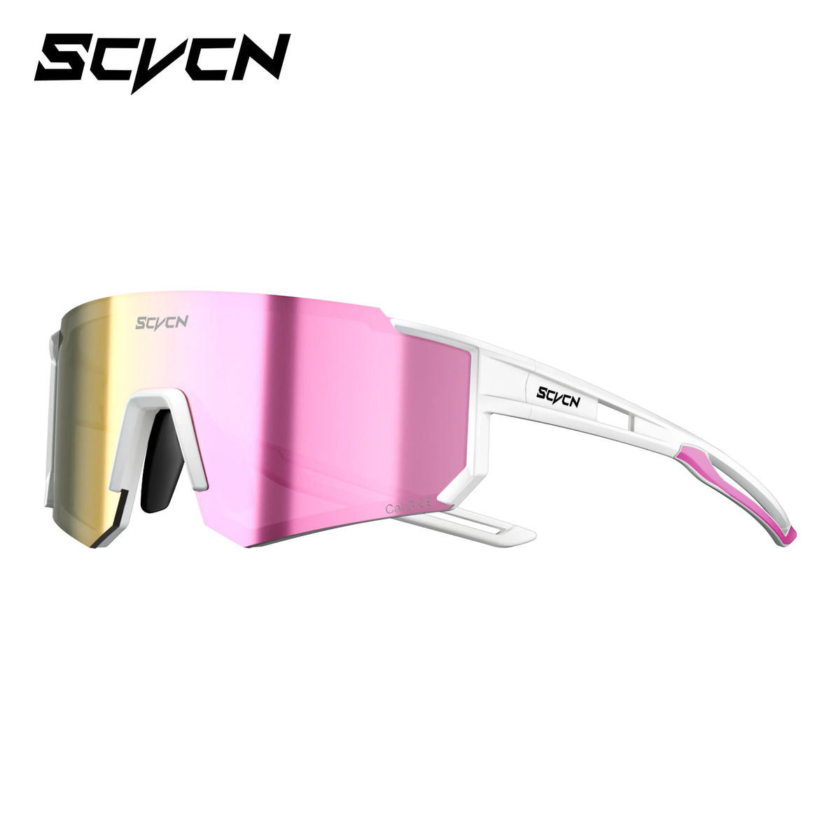 Sports sunglasses with white frame and pink mirrored lenses, vented shield