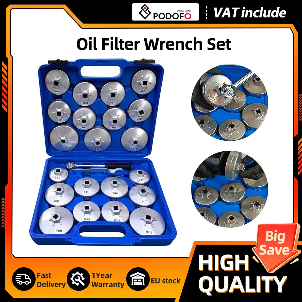 Podofo 23Pcs Oil Filter Removal Tool Kit Aluminum Alloy Cup Type Socket Wrench Set 1/2 Drive With Storage Box For Auto Repair