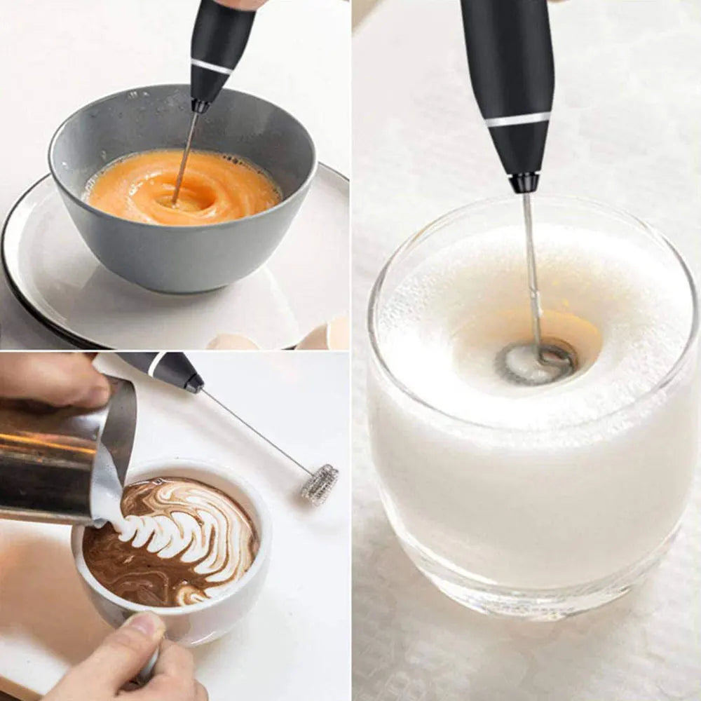 Black handheld electric milk frother whisk with stainless steel wand for coffee, latte, and egg mixing.