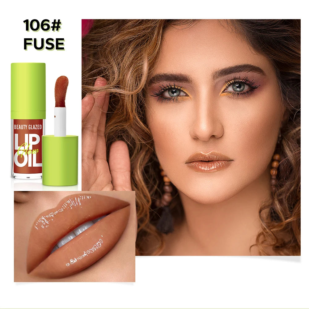 Beauty Glazed 106# Fuse moisturizing nude lip oil with a lustrous, mirror-like finish and natural glossy texture.