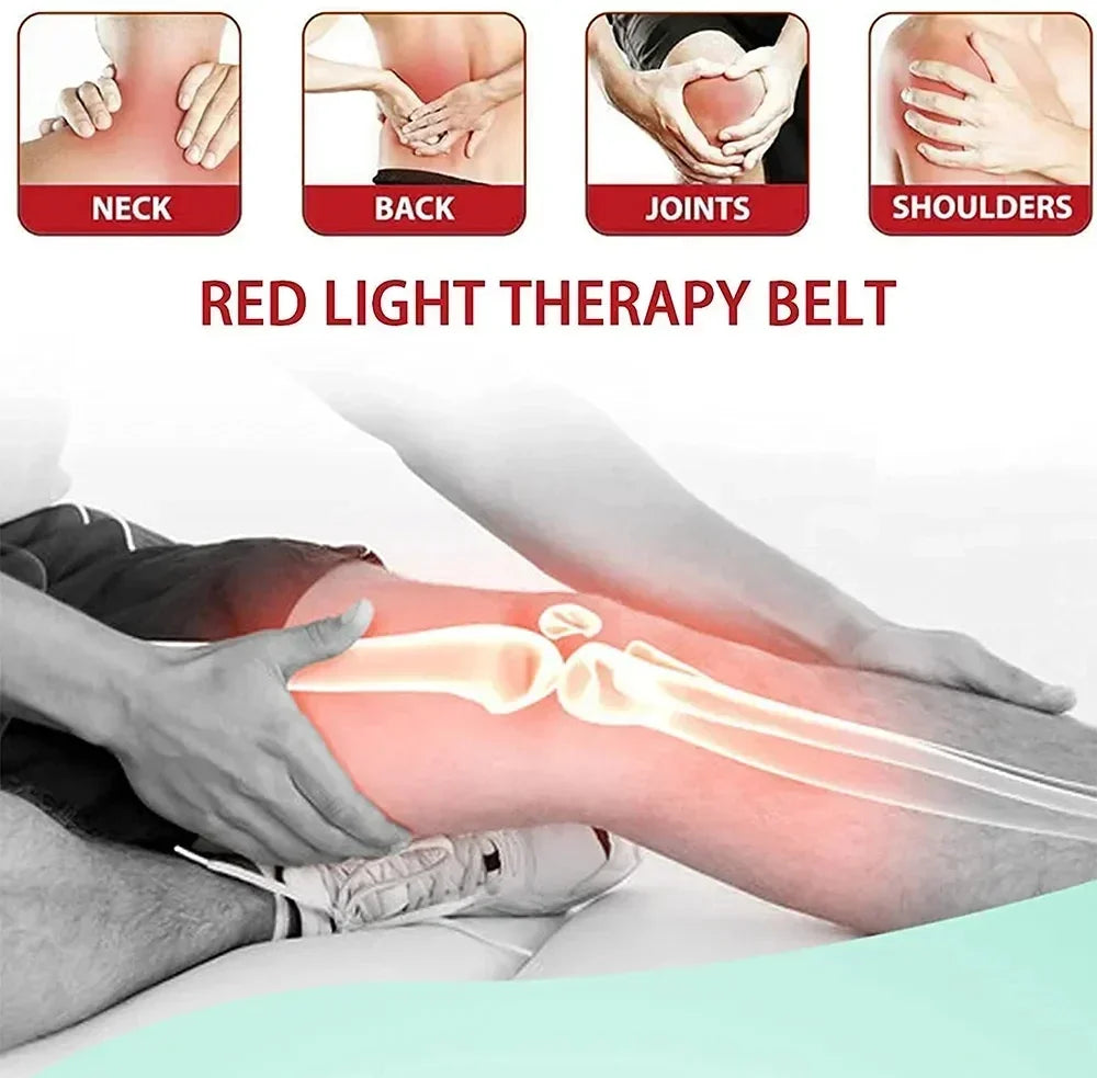 Red and infrared LED light therapy belt for pain relief, showing neck, back, joint, and shoulder application.