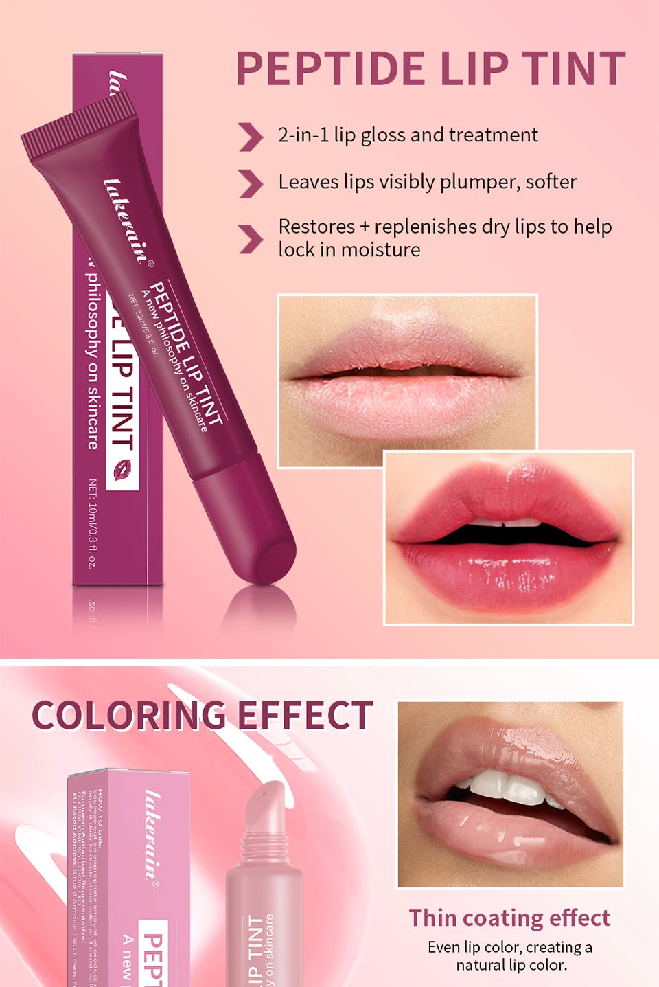 Lakerain hydrating peptide lip tint in nude for a high-shine, plumping glossy finish. Natural lip makeup treatment.