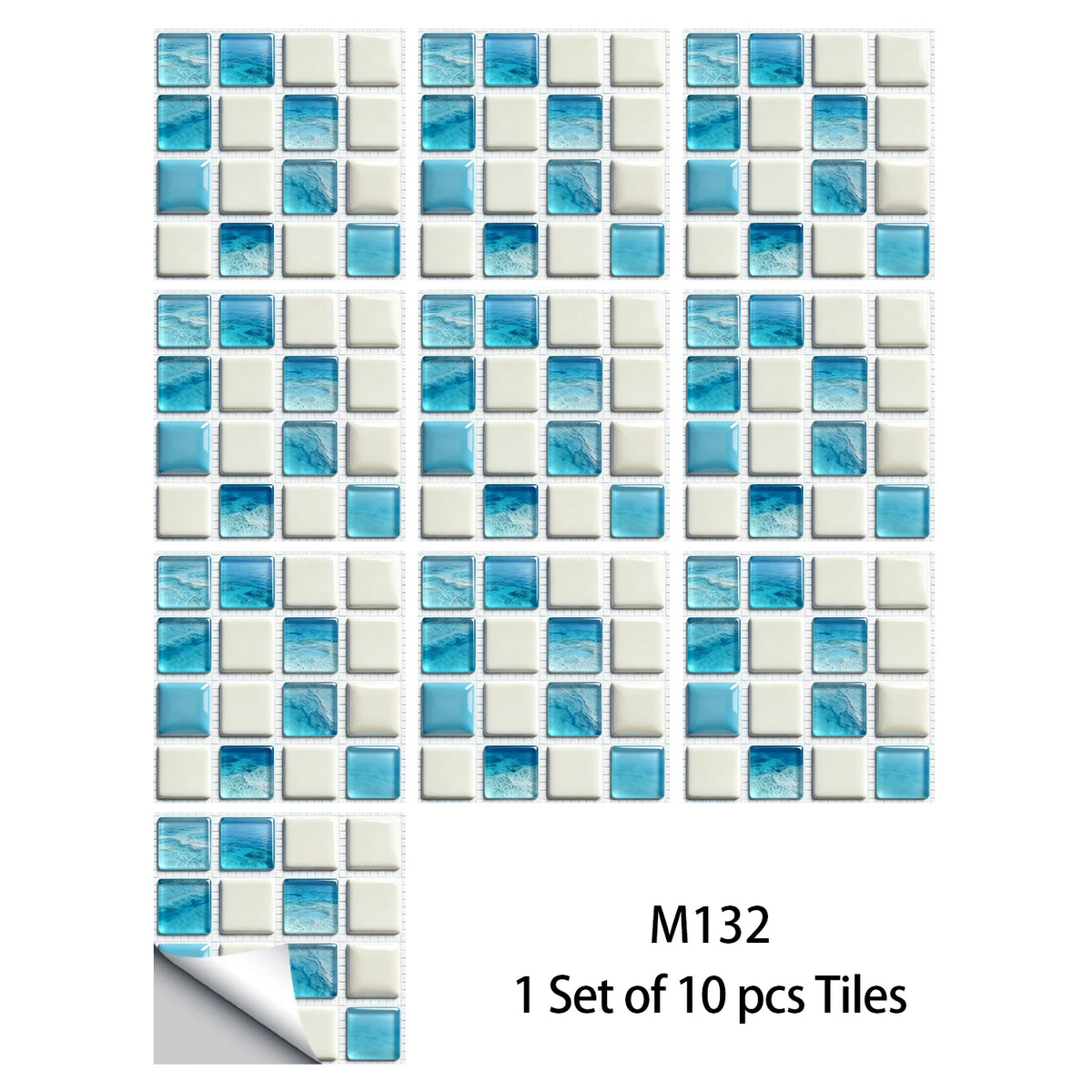 10-piece mosaic tile sticker set in aqua blue and white with glossy glass-look squares