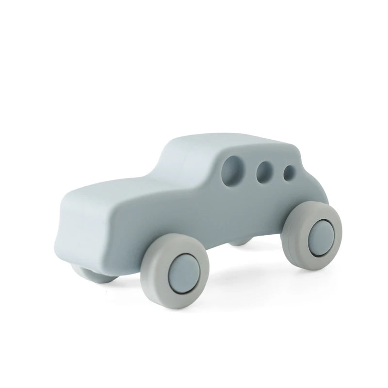 Blue silicone car teething toy for baby relief.