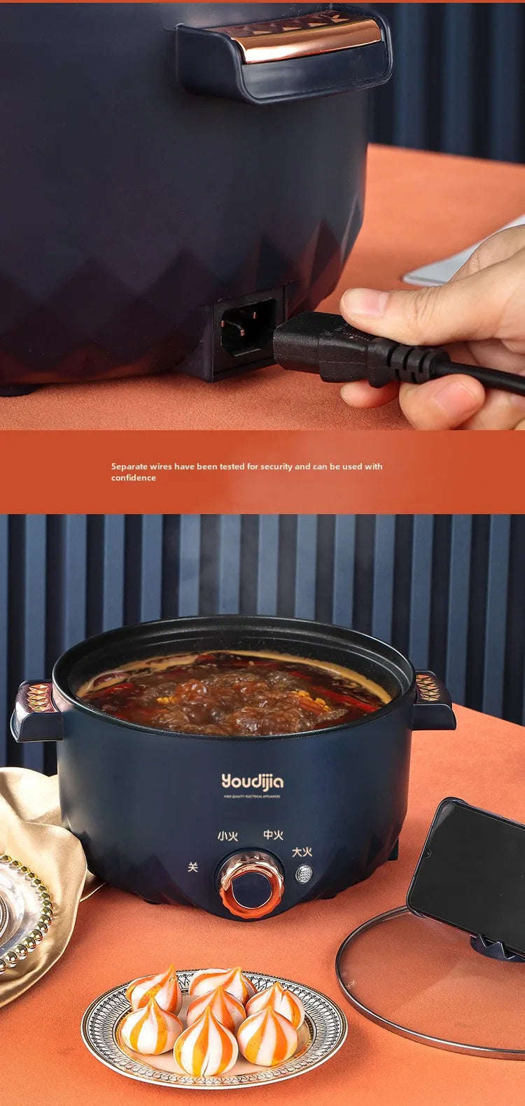 Electric hot pot multi-cooker with black body, removable power control, and inner pot