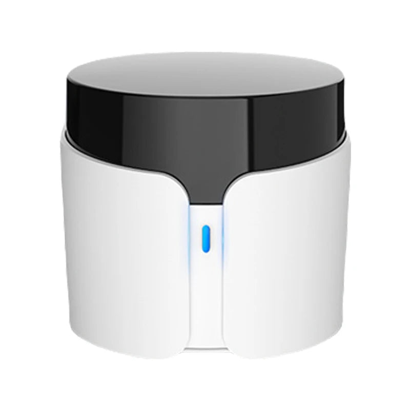 White and black smart IR WiFi remote hub with blue indicator LEDs