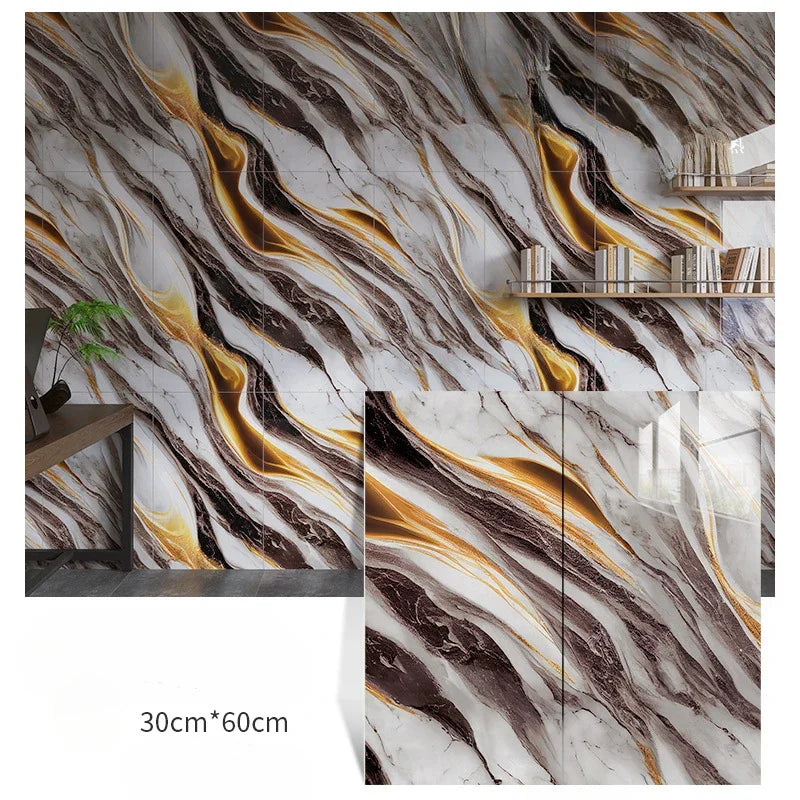 Self-adhesive marble-pattern wall sticker set, white and dark brown with gold highlights, 3-panel